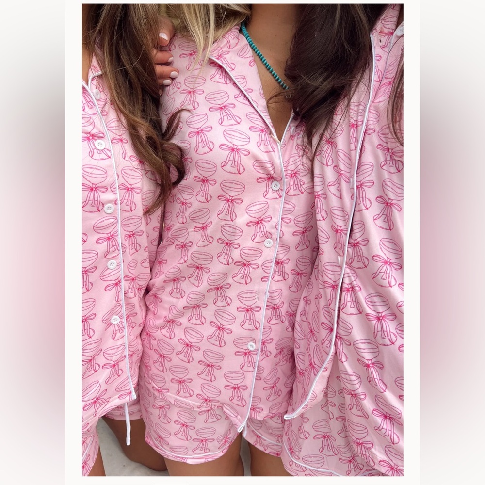Pink Patterned Women's Pajama short Set martini glass  bows